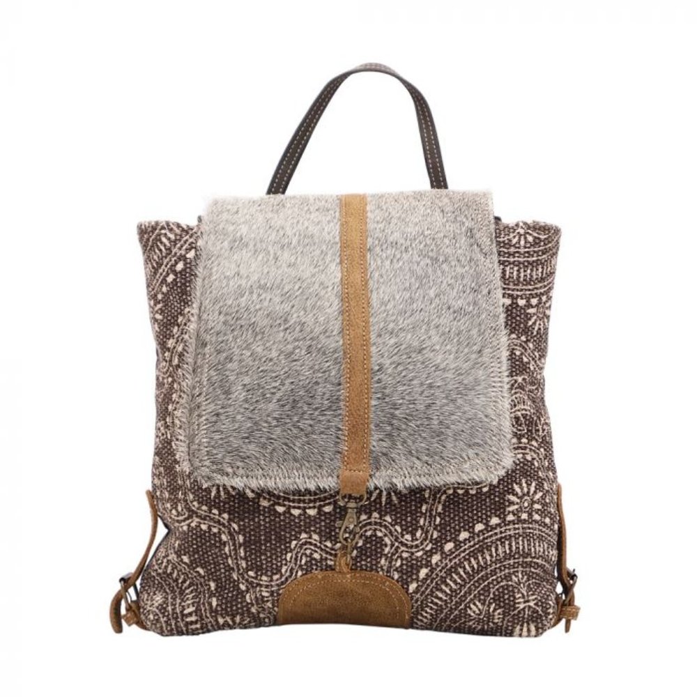 Myra Bag Handmade Stygian Backpack Upcycled Canvas & Cowhide Leather
